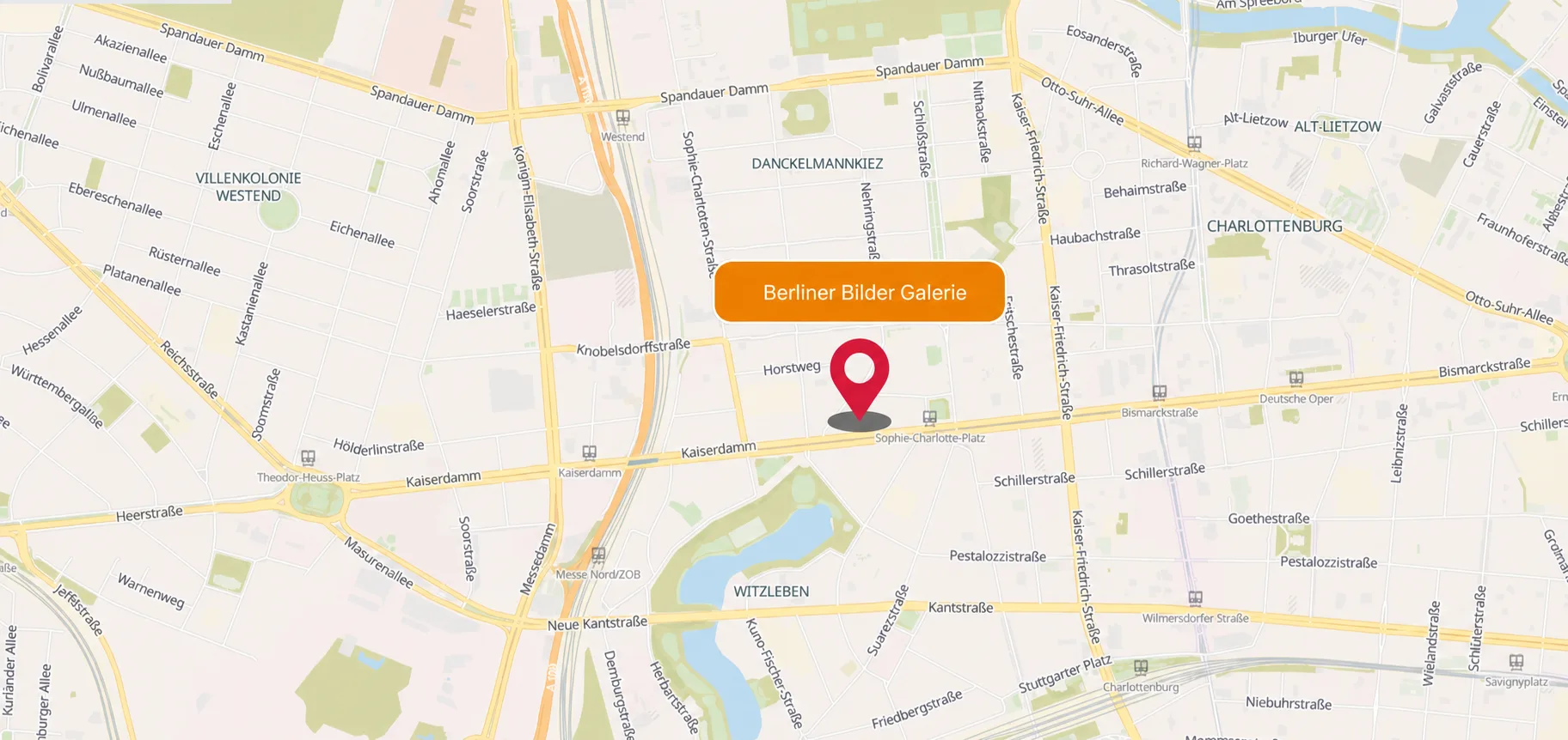 Location of Berliner Bilder Galerie on Kaiserdamm near Sophie-Charlotte-Platz underground station