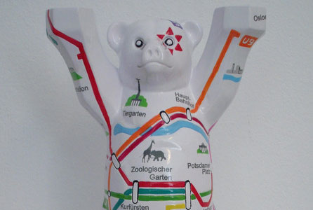 Painted Berlin Buddy Bear with a colourful transit map