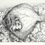 Black-and-white original print with a crouching figure