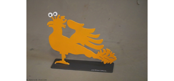 Orange metal figure against a grey background